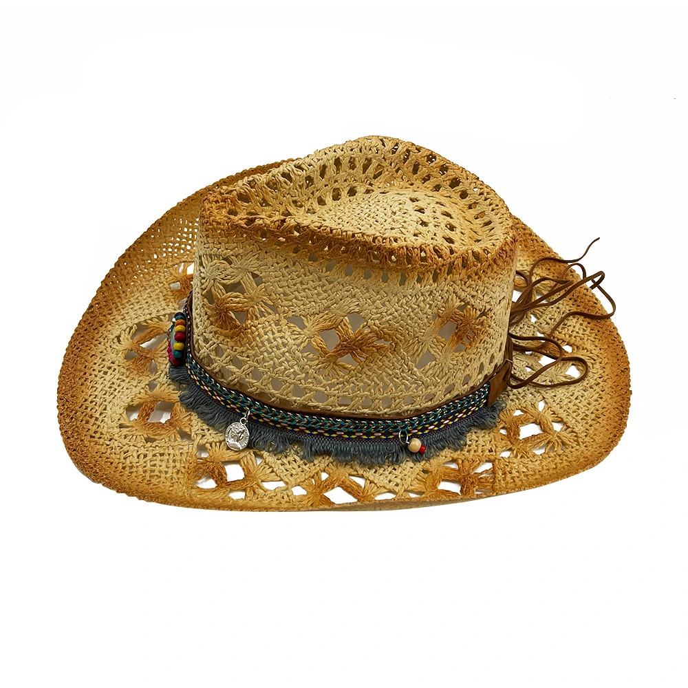 2023 Women and Men Hollow out Breathable Western Straw Hard Roll up Cowboy Hats with Gems