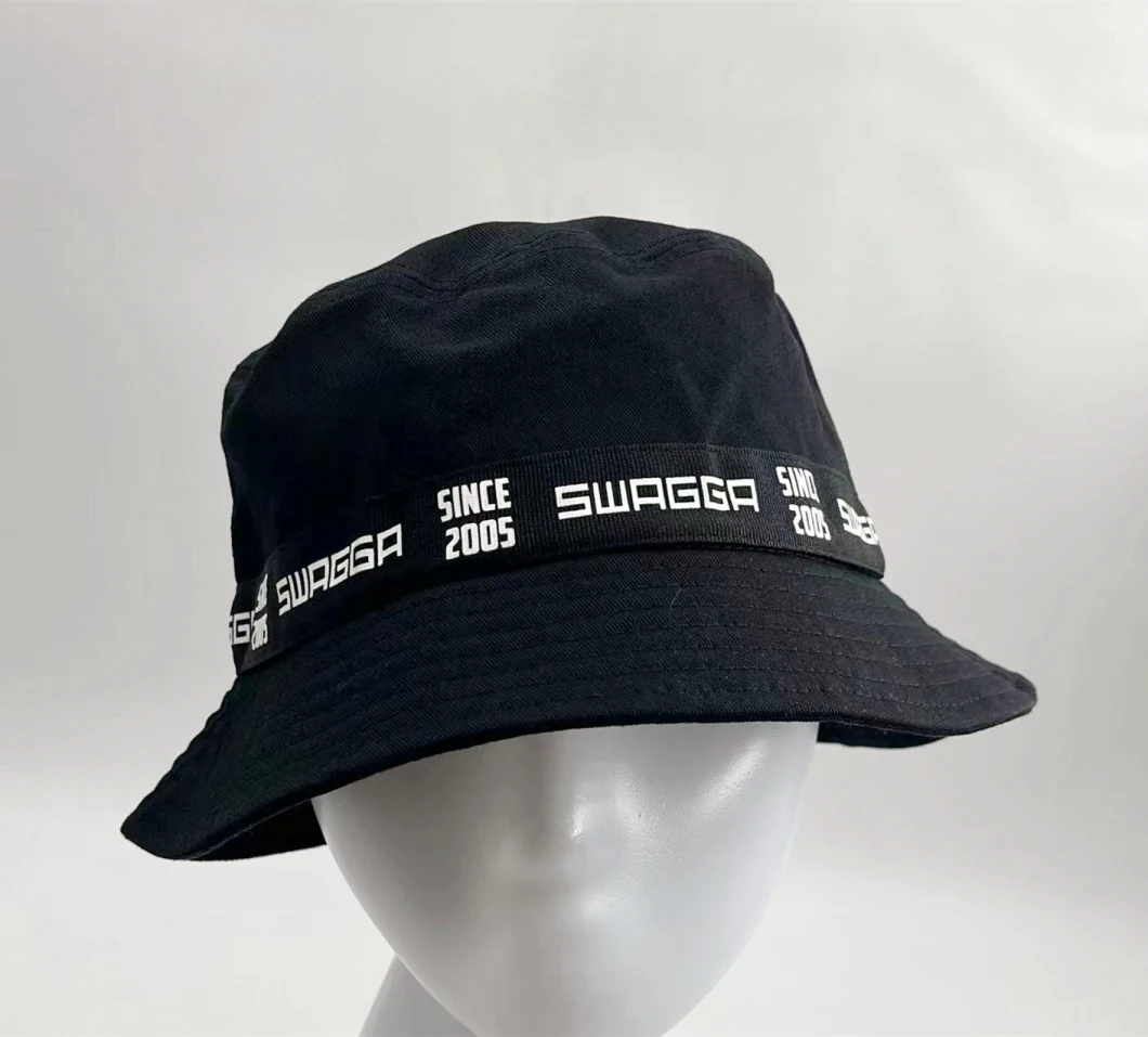 Simple Black Child Bucket Hat with Print Ribbon and Decoration Button